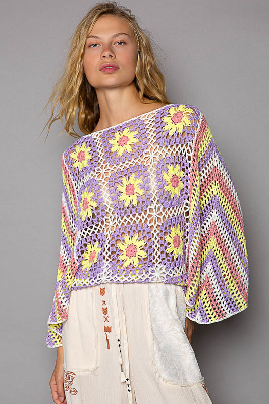 3/4 Sleeve Handmade Panel Sweater - Lilac/Yellow Multi