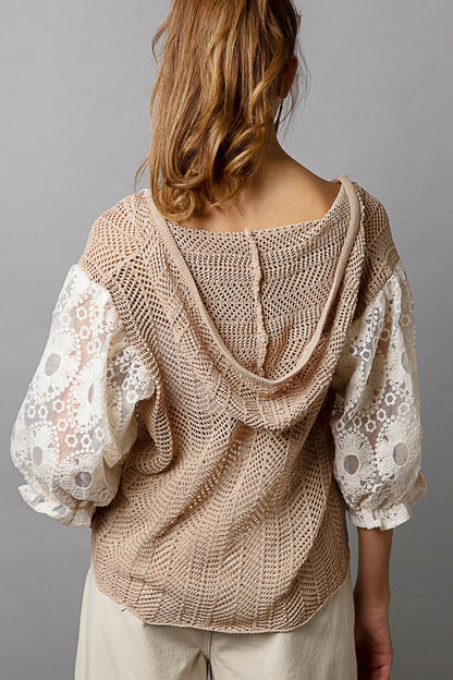 Lace Sleeve Sweater Hoodie - Mocha/Multi