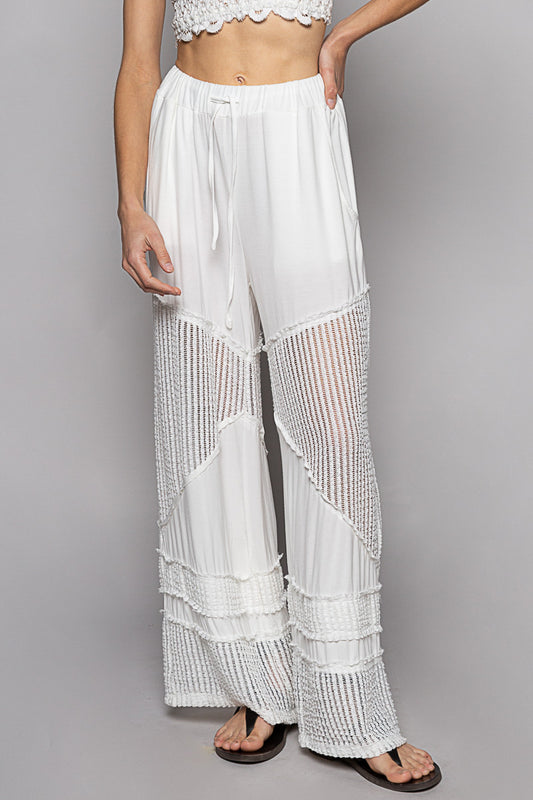 Jersey Wide Leg Pants With Woven See Through - Ivory