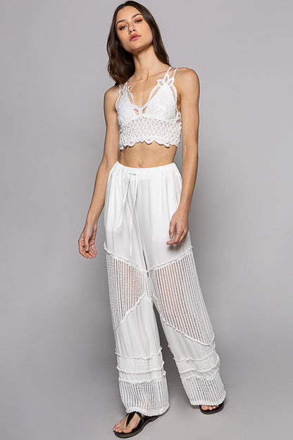 Jersey Wide Leg Pants With Woven See Through - Ivory