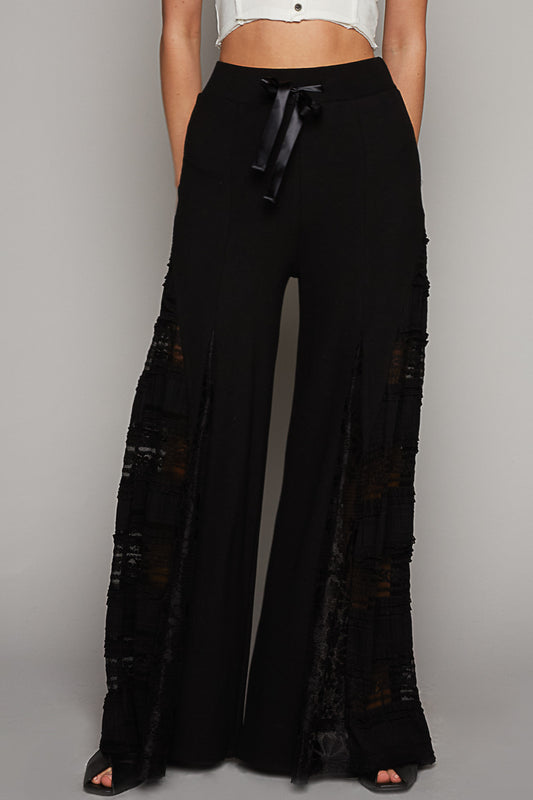 Wide Leg Thermal Lace Mix Pant - Black