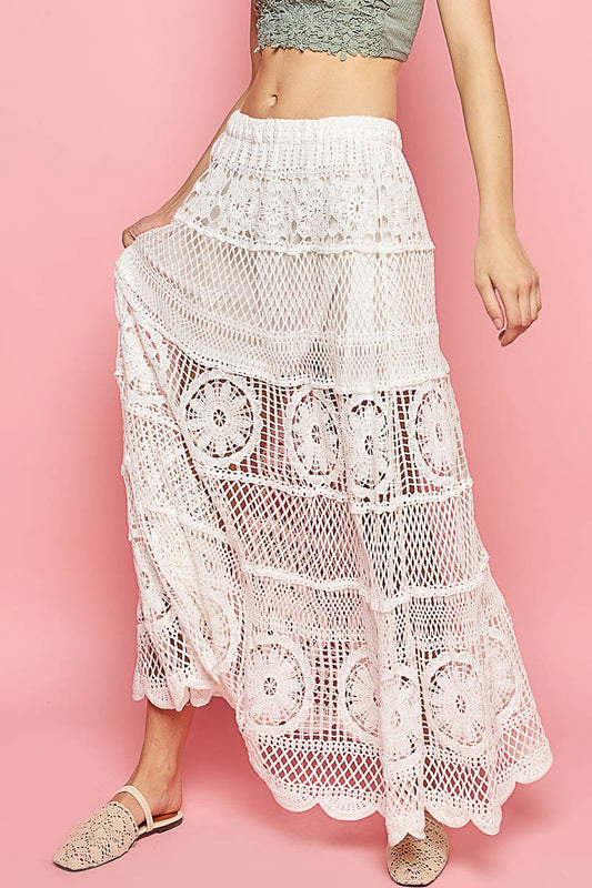 Long Flared Crochet Skirt - Off White