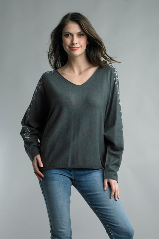 Sequin Long Sleeve V-Neck Top