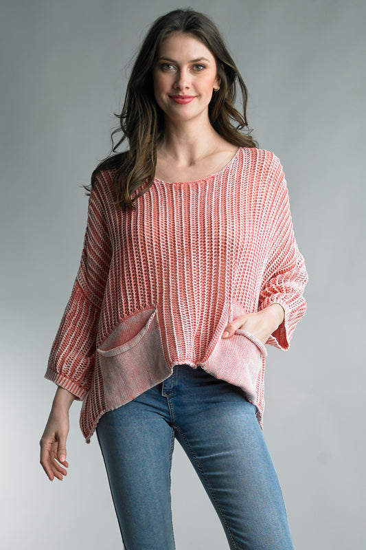 Crochet Top With Pockets - Coral