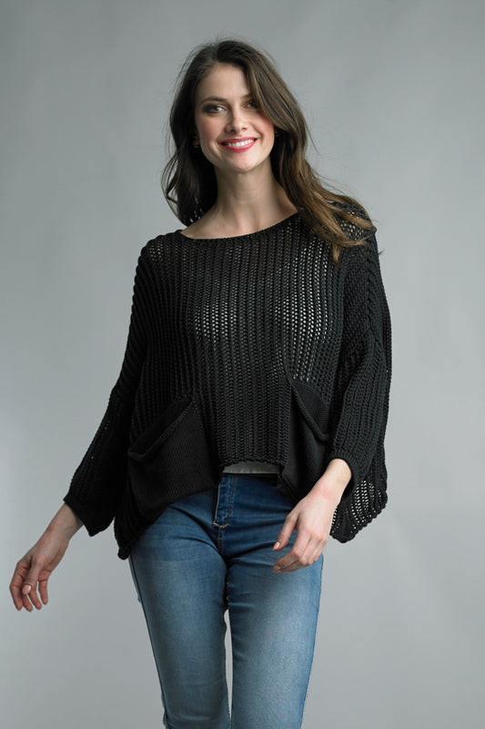 Crochet Top with Pockets - Black
