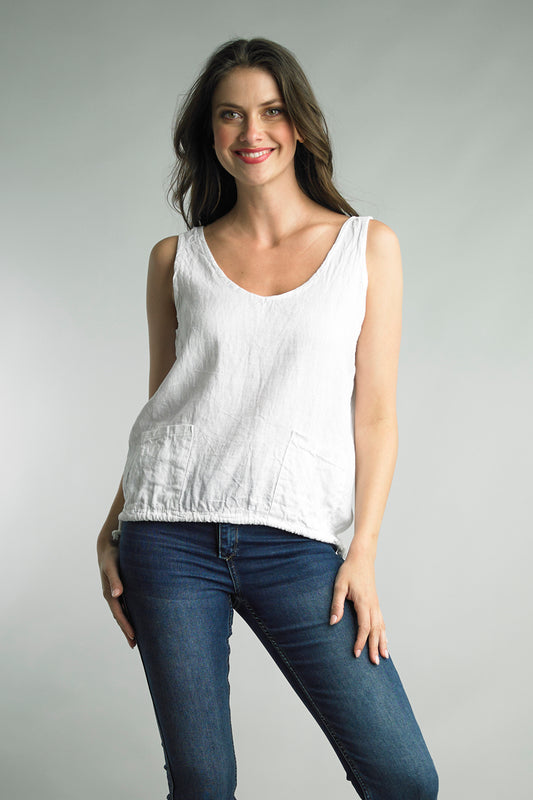 Two Pocket Linen Top - white, sleeveless v-neck with draw-string waist. Shop at The Painted Cottage in Edgewater, MD.