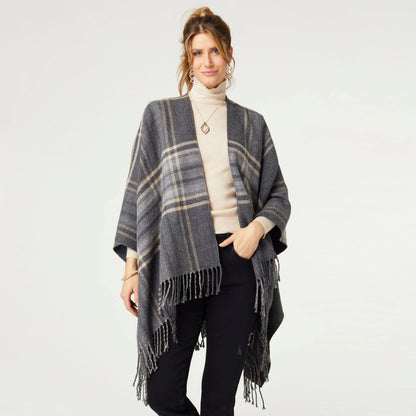 Fireside Plaid Cardigan with Fringe - Grey Plaid Coco & Carmen Womens Apparel 2439179A