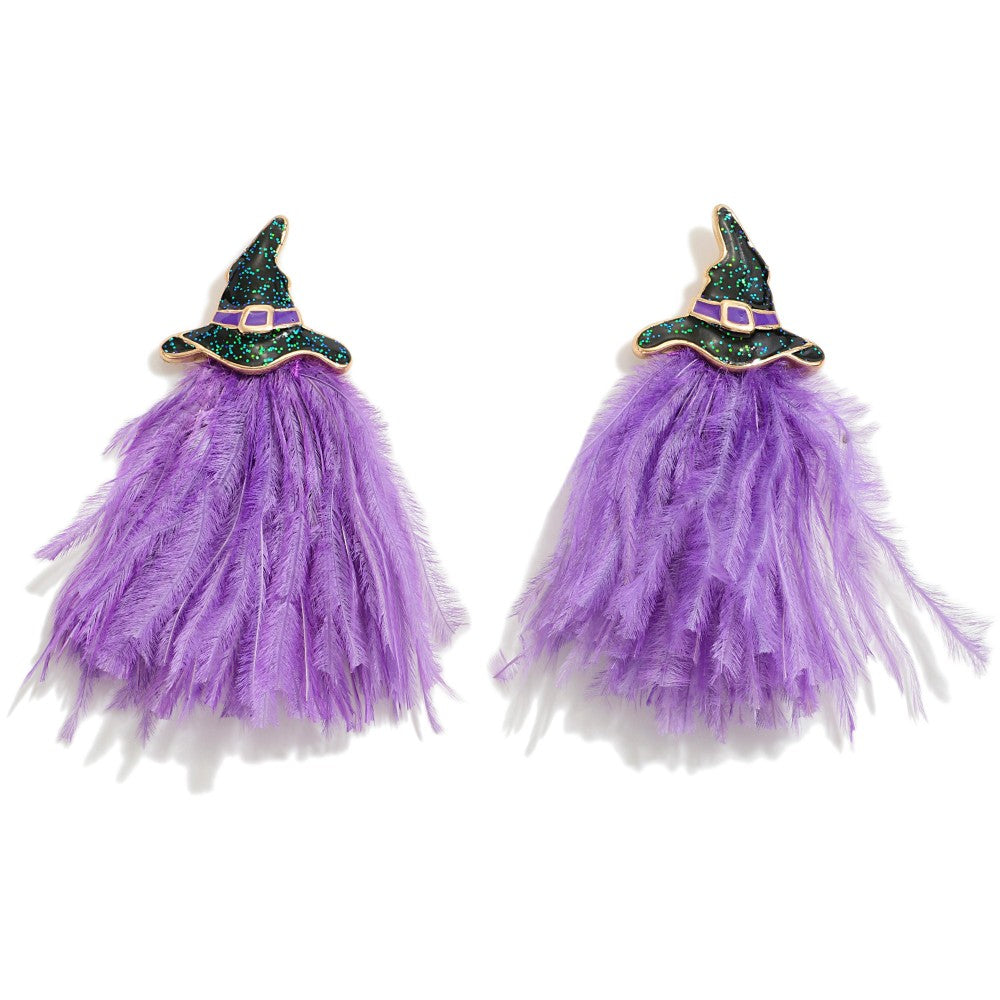 Halloween Witches Hat Drop Earring w/ Feather - Purple