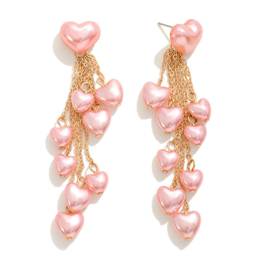 Heart Beaded Chain Link Tassel Drop Earrings - Pink