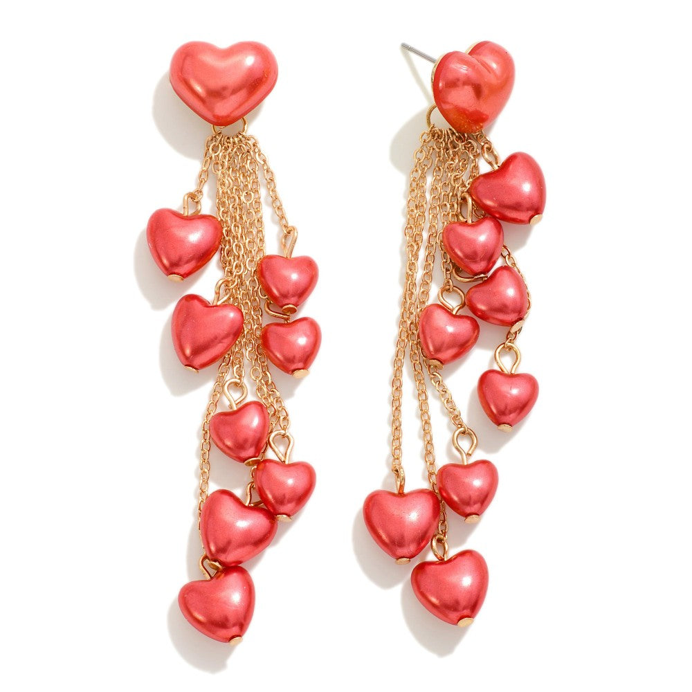 Heart Beaded Chain Link Tassel Drop Earrings - Red