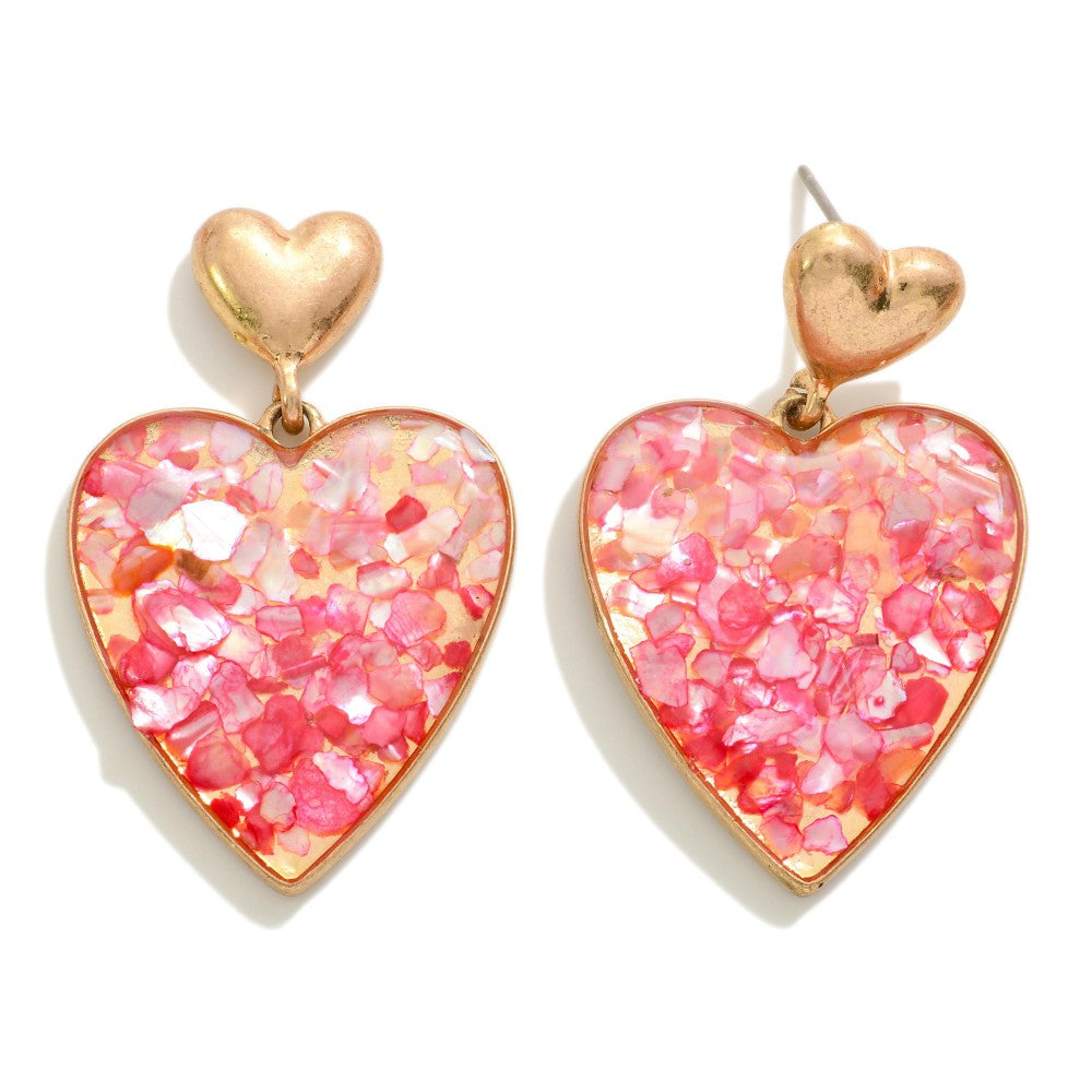 Heart Drop Earrings With Glitter Resin Inlay - Pink
