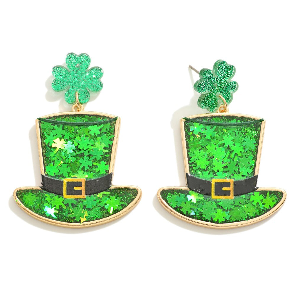 St. Patrick's Day Glitter Accented Leprechaun Hat Drop Earring