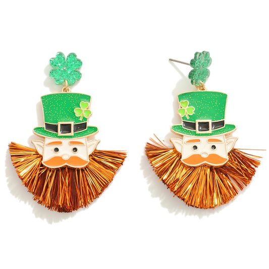 St. Patrick's Day Leprechaun Drop Earring With Tinsel Beard Detail