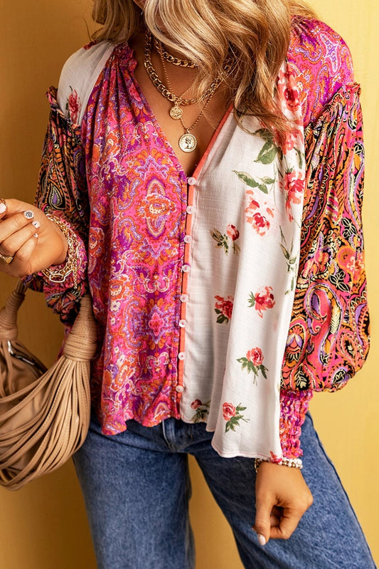 Floral Patchwork Shirred Cuff Buttoned V Neck Blouse XXL Little Daisy Closet Womens Apparel 2ae1dd67b0943ce8f17f8b2f052fd1e5db8cdeddc2252ff0d379517213a466de