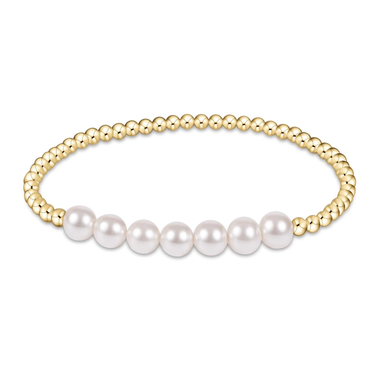 Classic Gold Beaded Bliss 3mm Bead Bracelet - 6mm Pearl by eNewton. Made with 3mm 14kt gold-filled beads and 6mm pearls. Shop at The Painted Cottage in Edgewater, MD.