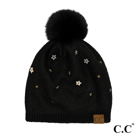 Star Studded Pom Beanie - Black