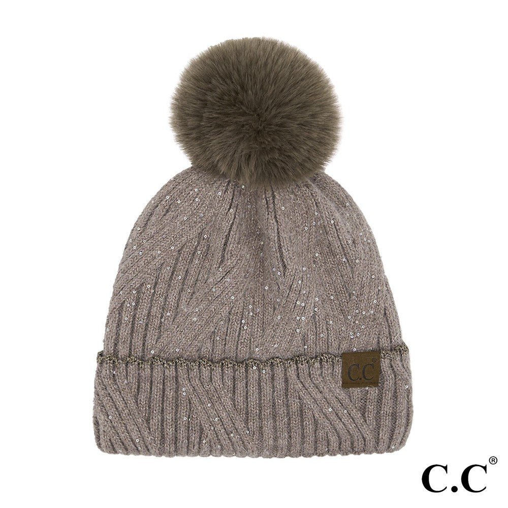 Sequin Beanie With Pom - Taupe