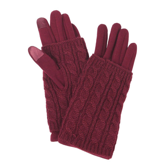 Knit Overlay Touchscreen Gloves - Burgundy