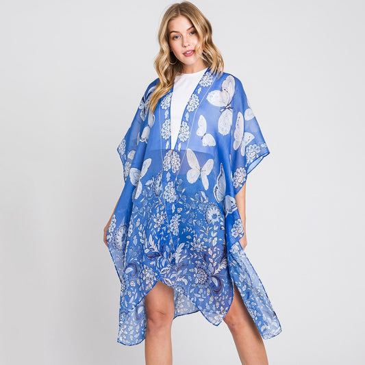Butterfly and Flower Print Kimono