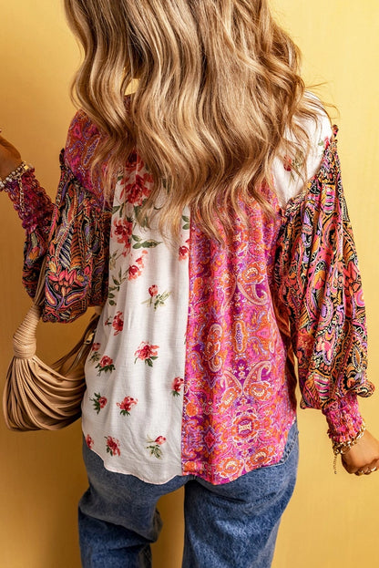 Floral Patchwork Shirred Cuff Buttoned V Neck Blouse Little Daisy Closet Womens Apparel 796cff8f74cdc5f9ab5d8ddd3cc1ed464de34a4b4430d67514def64cde1166f2