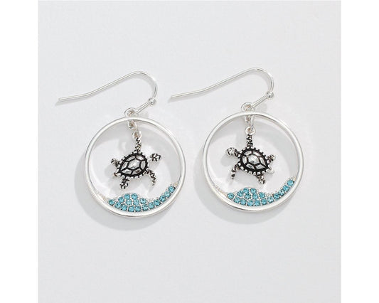 Silver Turtles With Aqua Crystals Earring