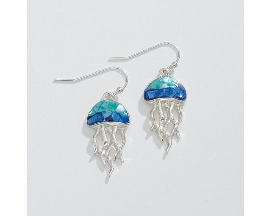 Silver Jellyfish With Blue & Aqua Shell Earring