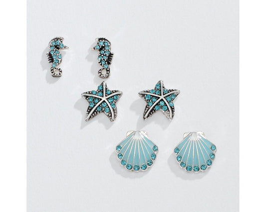 Silver and Aqua Sea Life w/ Crystals Earring Trio Periwinkle Jewelry 8102559_sum2024