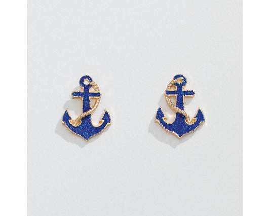 Gold Anchors With Blue Glitter Earring