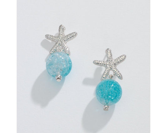 Silver Starfish With Glitter Bead Earring