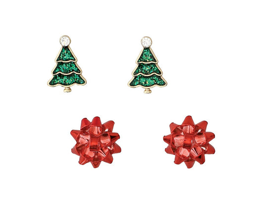 Christmas Tree and Red Bow Earring Duo