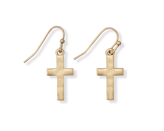 Gold Hammered Cross Earring