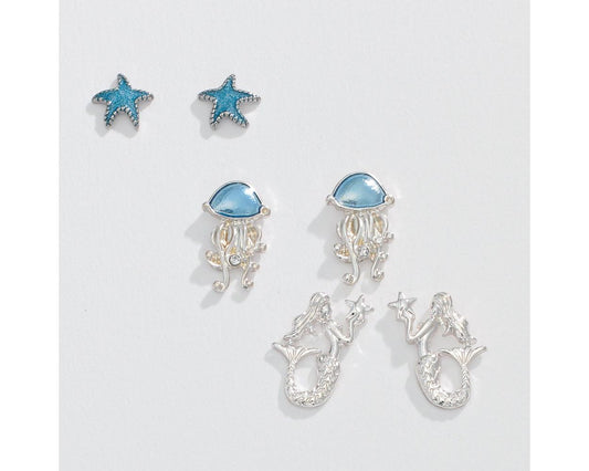 Soft Blue & Silver Sea Life Trio Earrings