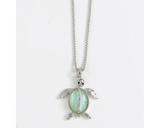 Silver Detailed Turtle With Aqua Shell Necklace