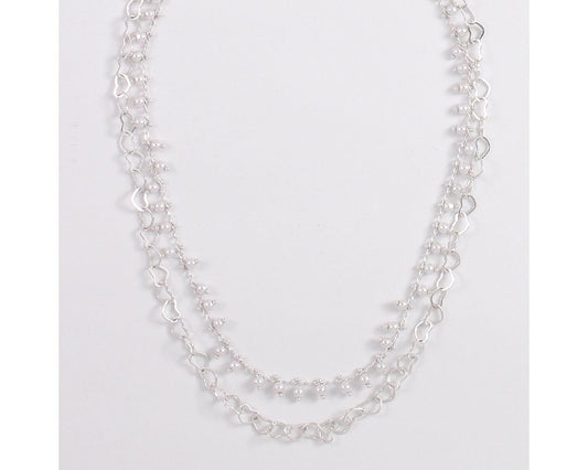 Two Strand Silver Heart & Pearl Necklace
