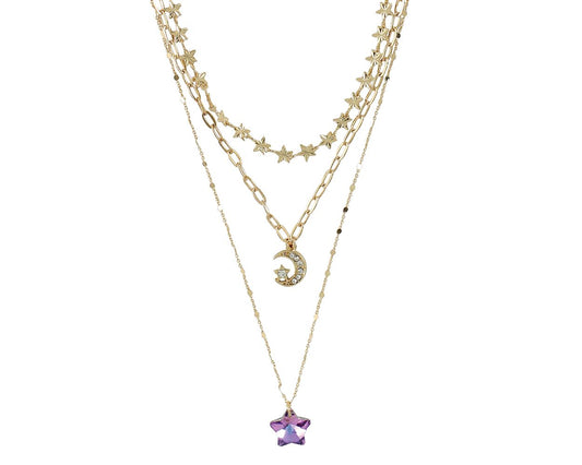 Purple Star w/ Gold Moon and Crystals Necklace