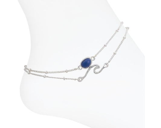 Silver Wave With Blue Sea Glass Anklet