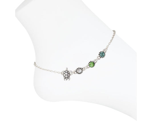 Silver Turtles With Crystals Anklet