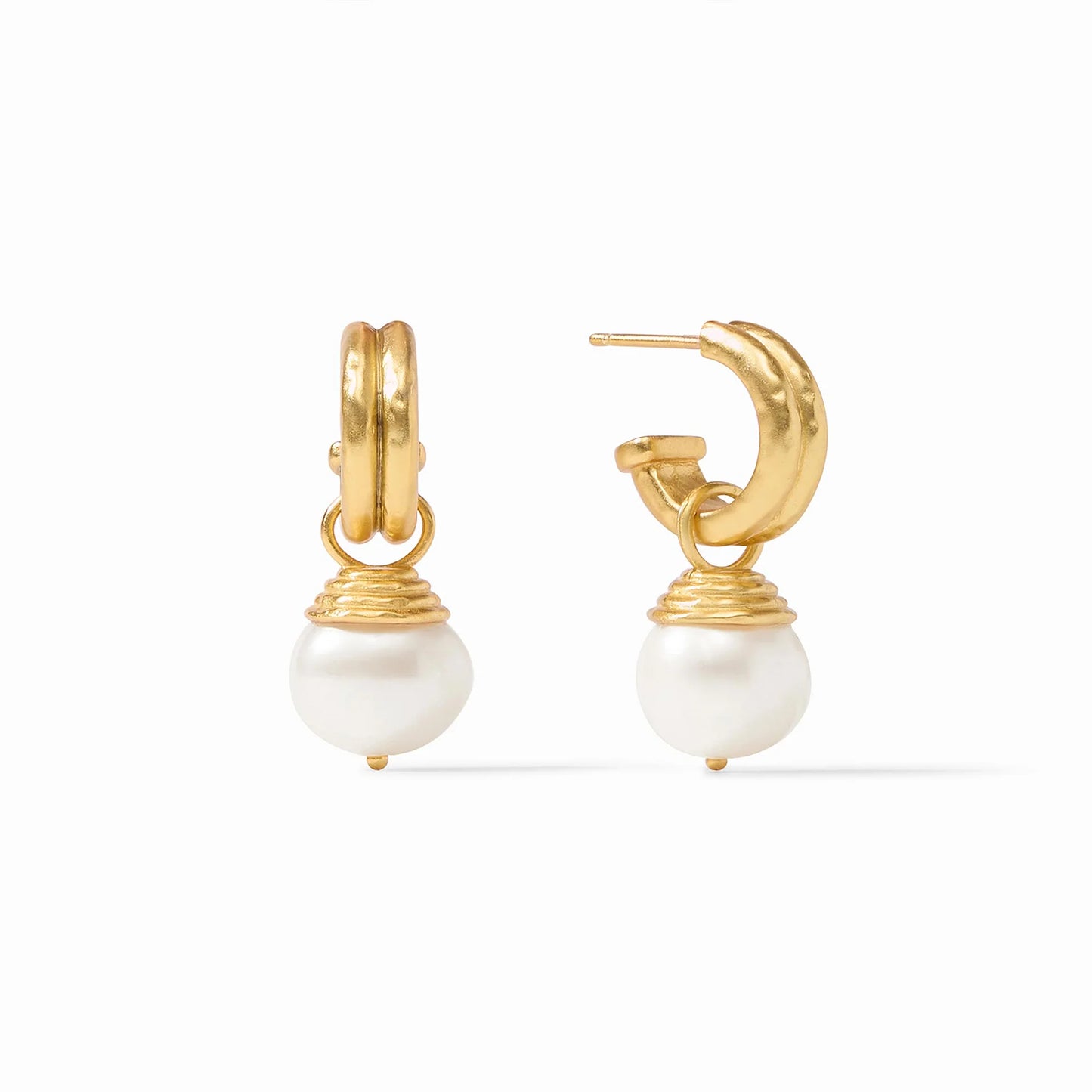 Astor Pearl Hoop & Charm Earring by Julie Vos features pumpkin-shaped freshwater pearl charm dangles from a lightly hammered huggie hoop.  24K gold plate, total length: 1.2 inches. Shop at The Painted Cottage an Annapolis boutique.