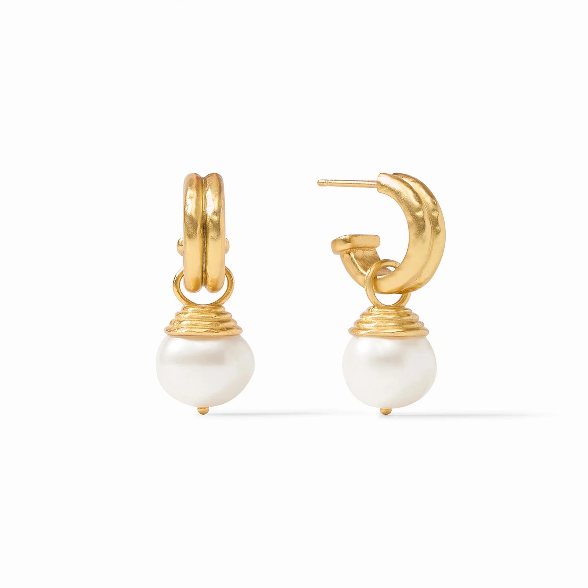 Astor Pearl Hoop & Charm Earring by Julie Vos features pumpkin-shaped freshwater pearl charm dangles from a lightly hammered huggie hoop.  24K gold plate, total length: 1.2 inches. Shop at The Painted Cottage an Annapolis boutique.