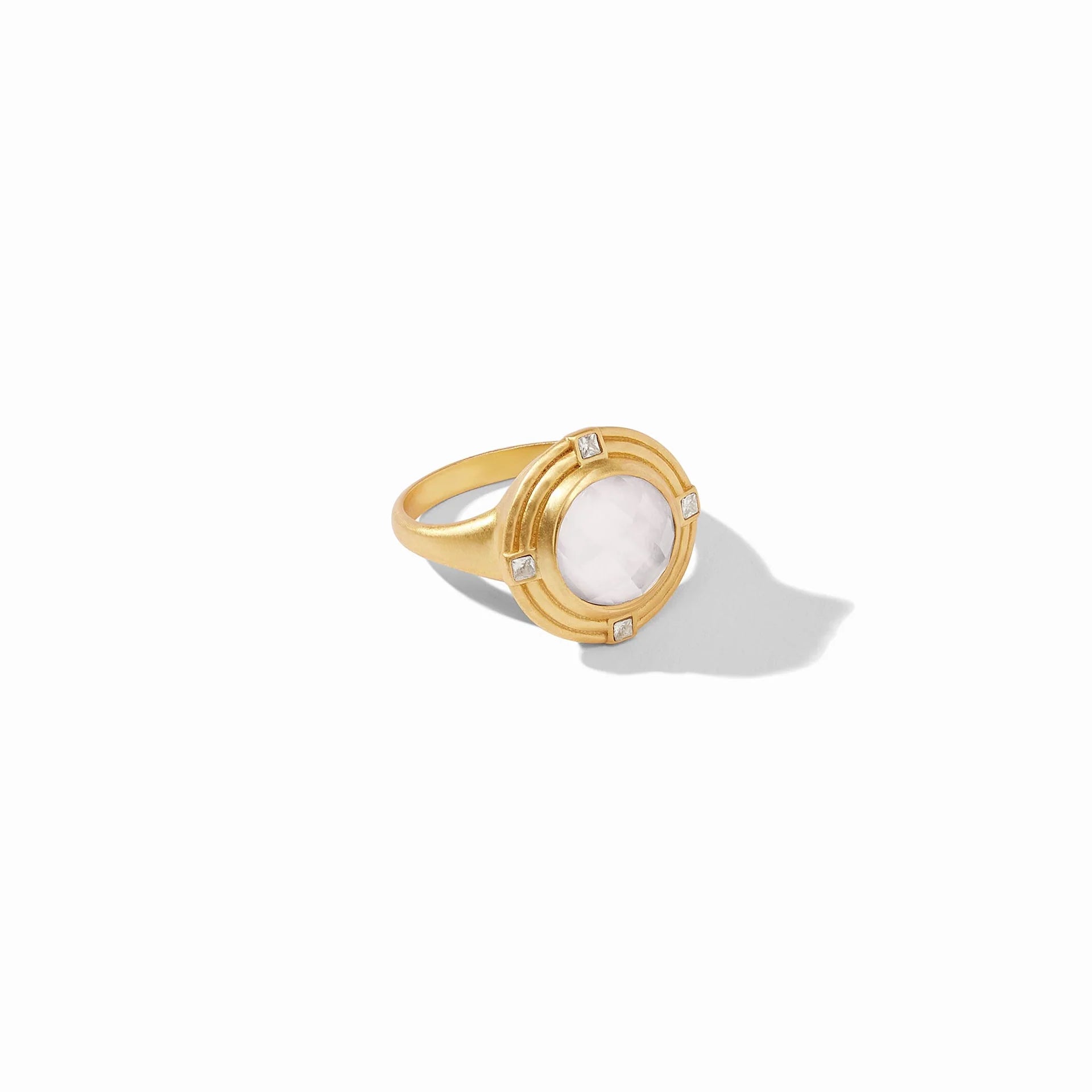 Astor Ring - Iridescent Clear Crystal by Julie Vos signet ring featuring a sparkling rose cut gem set in a surround of two lightly hammered golden walls embellished with four CZs.  24K gold plate, imported glass, CZ Width: 0.65 inches. Shop at The Painted Cottage an Annapolis boutique.