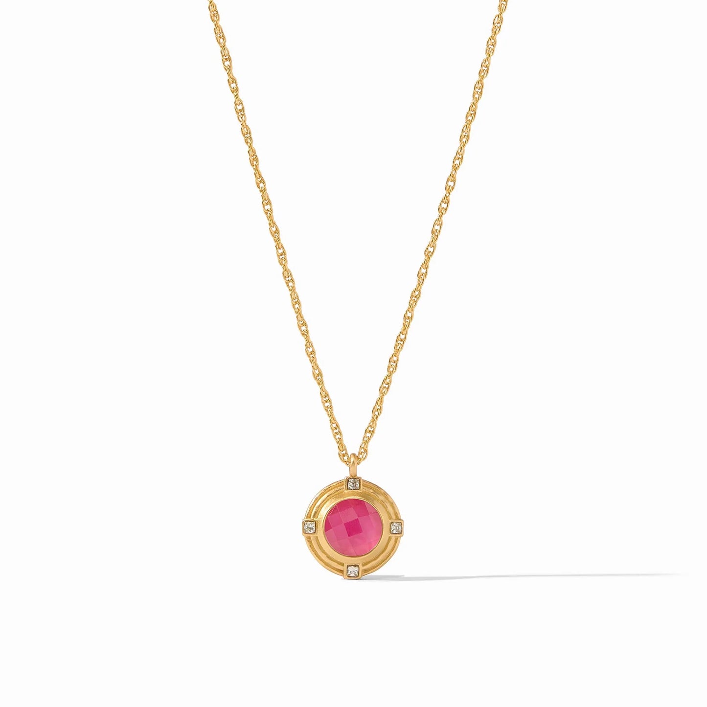 Astor Solitaire Necklace - Iridescent Raspberry by Julie Voss. This solitaire necklace features a rose cut stone set with princess cut CZs on one side and a quatrefoil coin on the reverse, dangling from a delicate rope chain. 17 - 18 inches 24K gold plate. Shop at The Painted Cottage an Annapolis boutique.