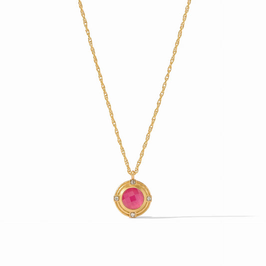 Astor Solitaire Necklace - Iridescent Raspberry by Julie Voss. This solitaire necklace features a rose cut stone set with princess cut CZs on one side and a quatrefoil coin on the reverse, dangling from a delicate rope chain. 17 - 18 inches 24K gold plate. Shop at The Painted Cottage an Annapolis boutique.