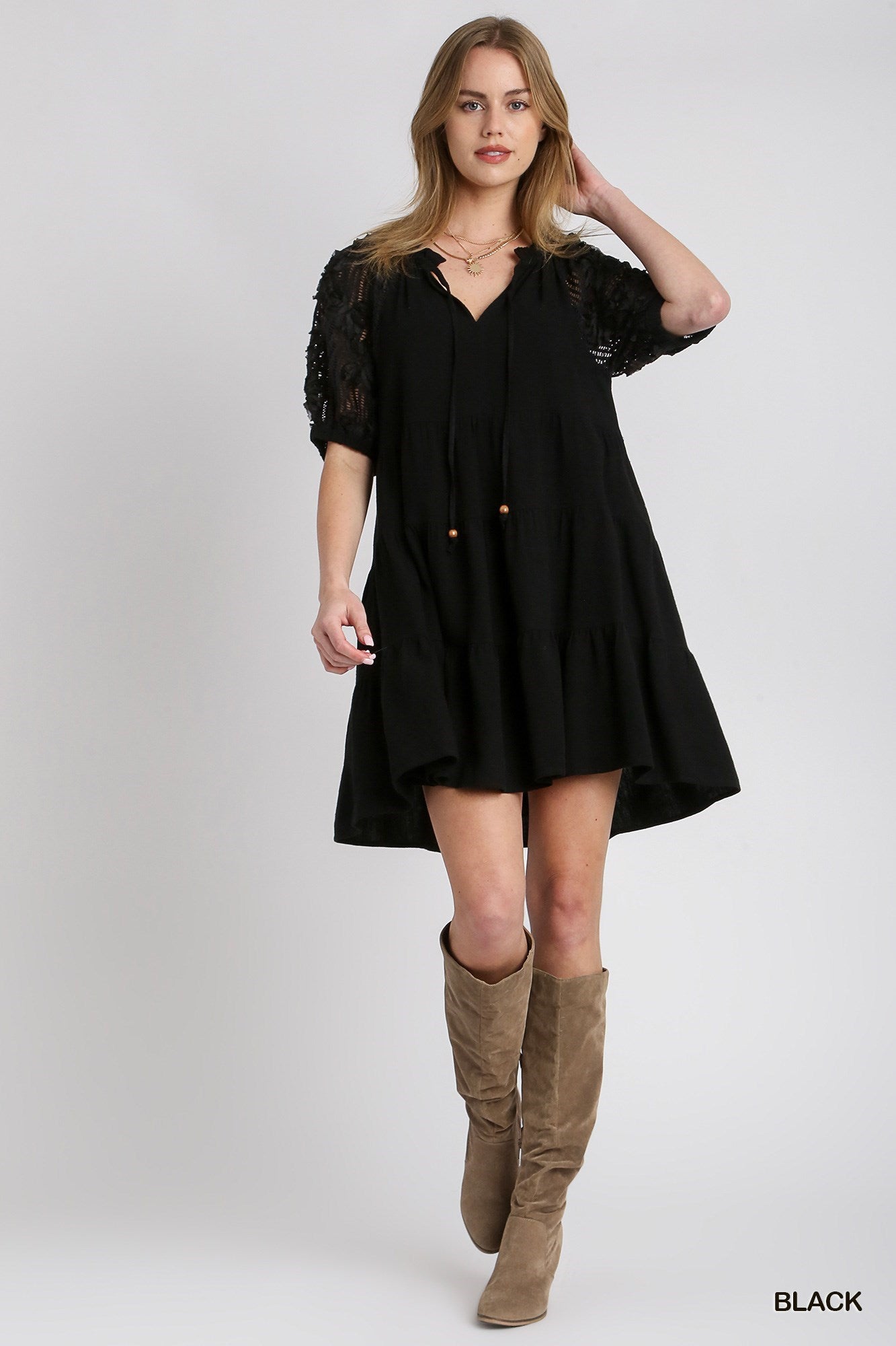 Linen Tiered Dress With Flower Sleeve - Black