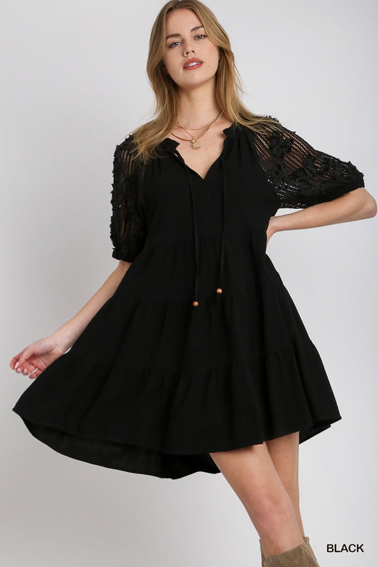 Linen Tiered Dress With Flower Sleeve - Black
