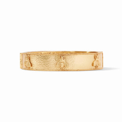 Bee Hinge Bangle by Julie Vos. Hinged bangle decorated with six golden bees and gold bead detail.  24K gold plate. Shop at The Painted Cottage in Edgewater, MD.