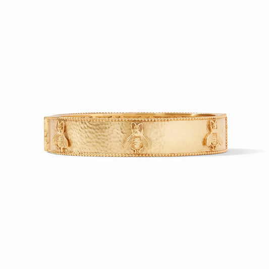 Bee Hinge Bangle by Julie Vos. Hinged bangle decorated with six golden bees and gold bead detail.  24K gold plate. Shop at The Painted Cottage in Edgewater, MD.