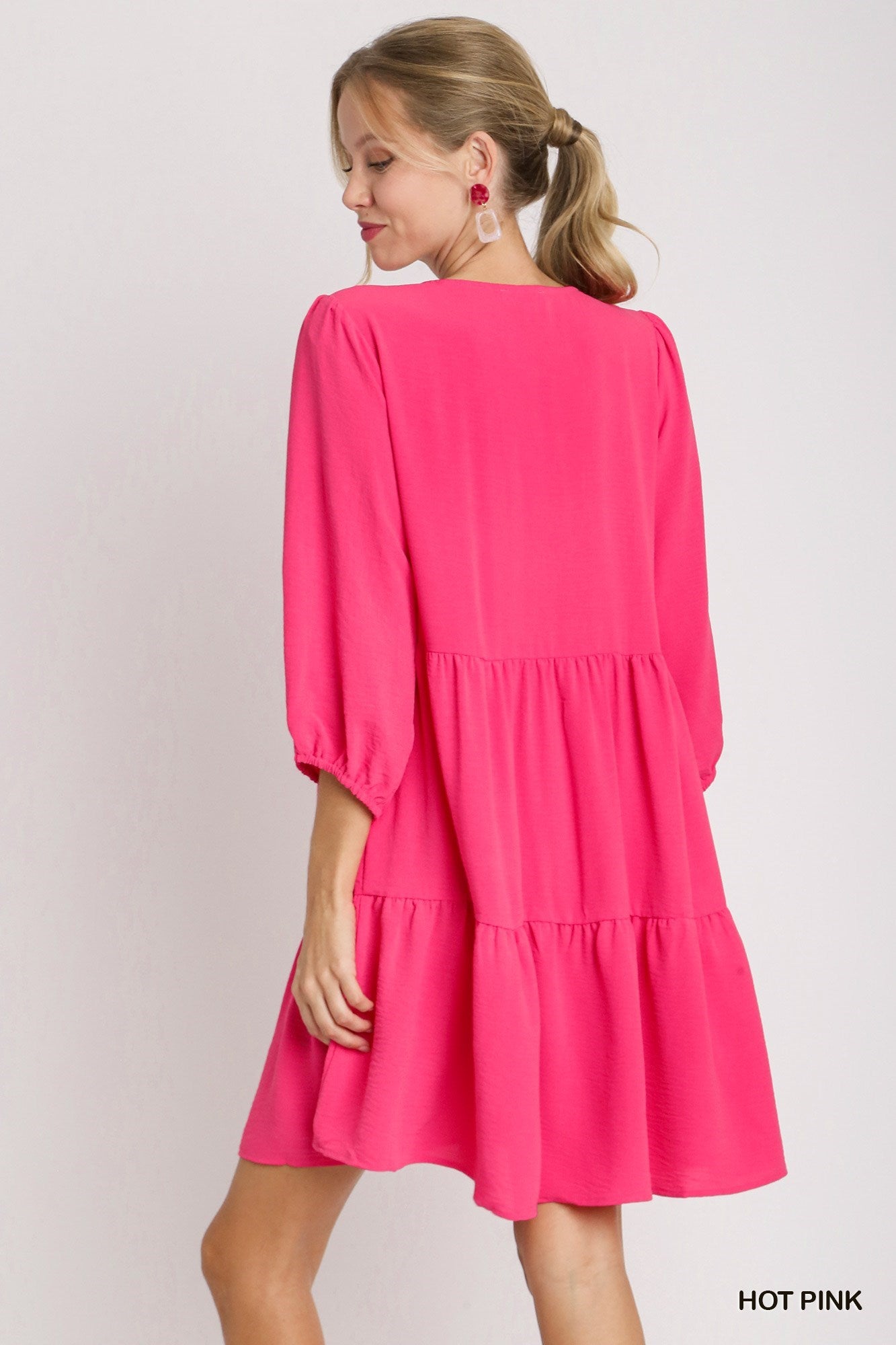 V-Neck Tiered 3/4 Sleeve Dress- Hot Pink