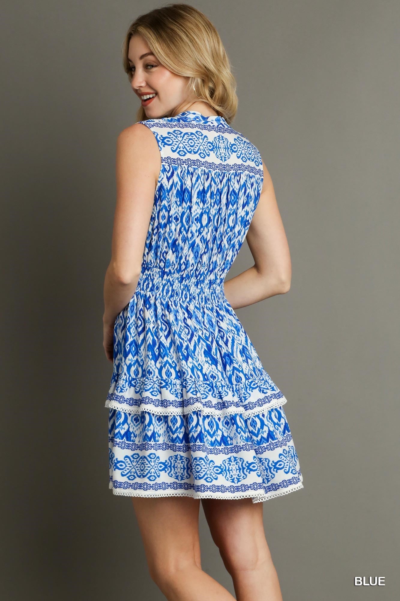 Sleeveless Abstract Print Layer Dress - Blue