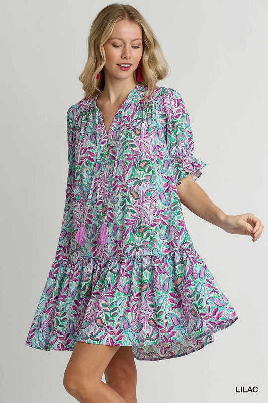 Paisley V-Neck Dress With Pockets - Lilac