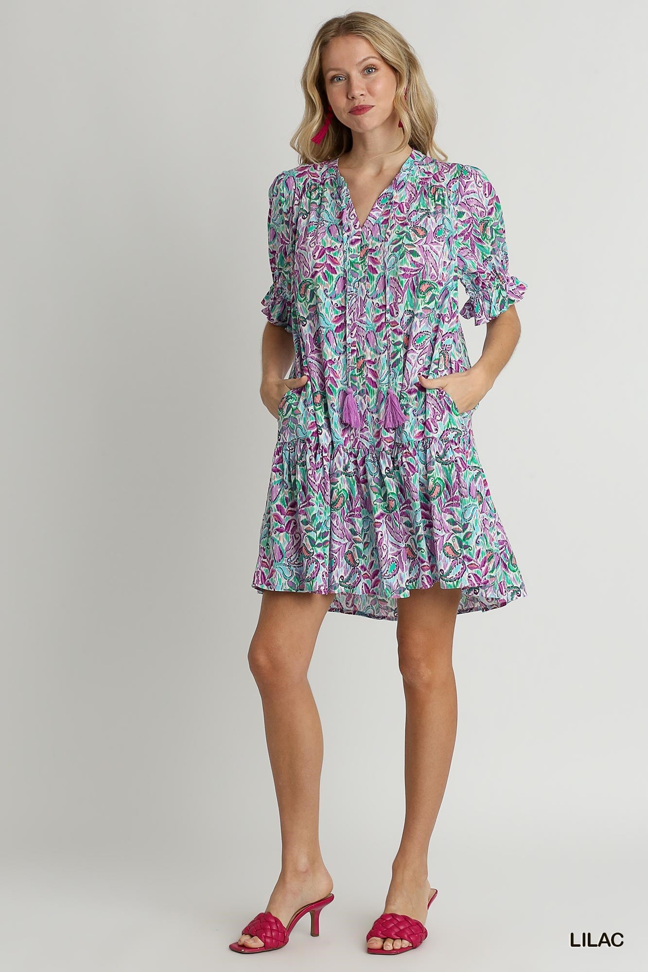 Paisley V-Neck Dress With Pockets - Lilac